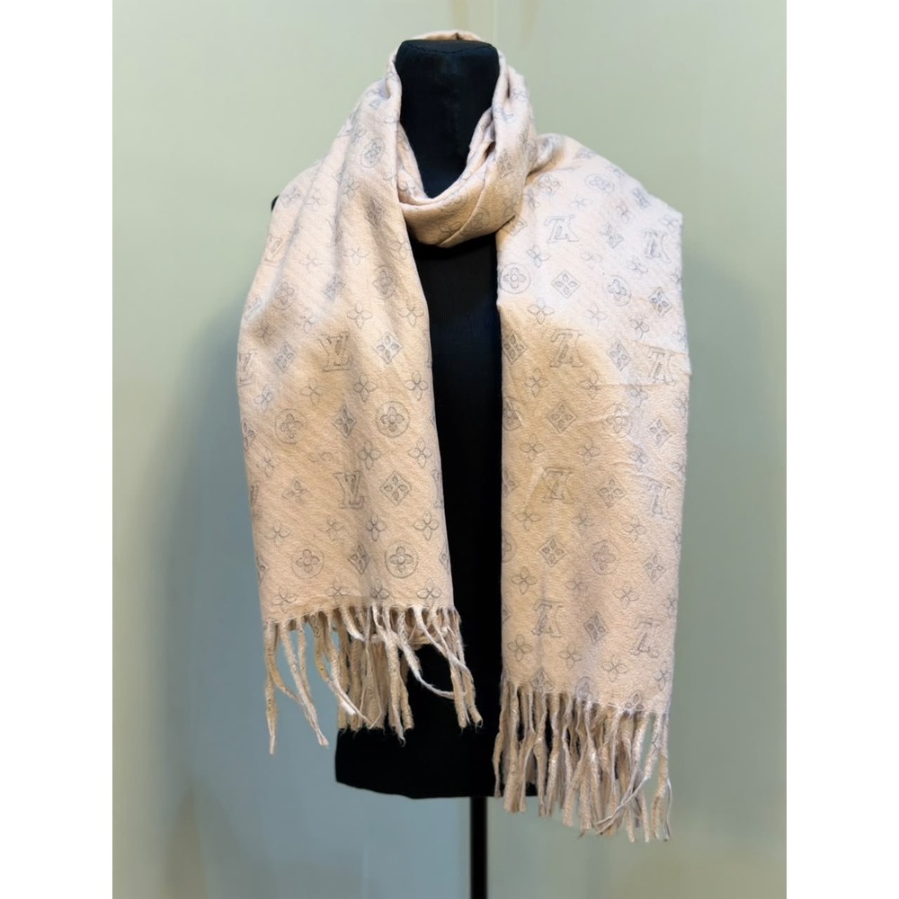 Louis Vuitton Monogram Shine Shawl Beige Silver Silk Wool Scarf M75748 Italy